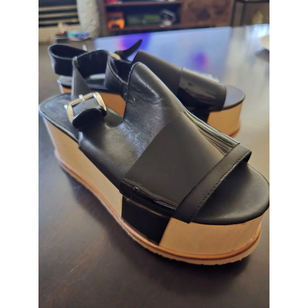 Rare Jeffrey Campbell Black Beige Vinyl Platform Wedge Sandals 40/9.5 Limited